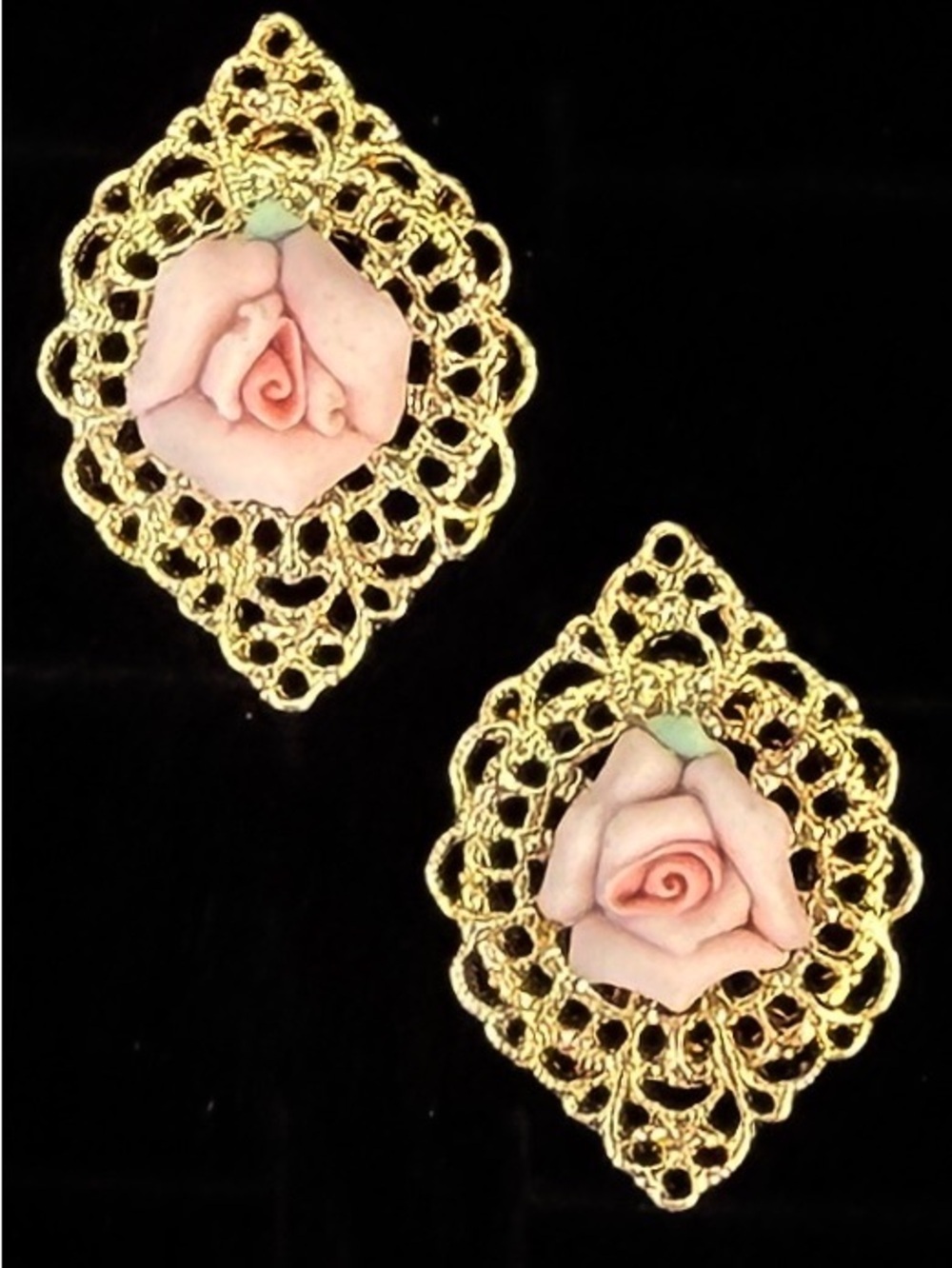 Goldtone Filigree Vintage Pierced Earrings with Pink Rose